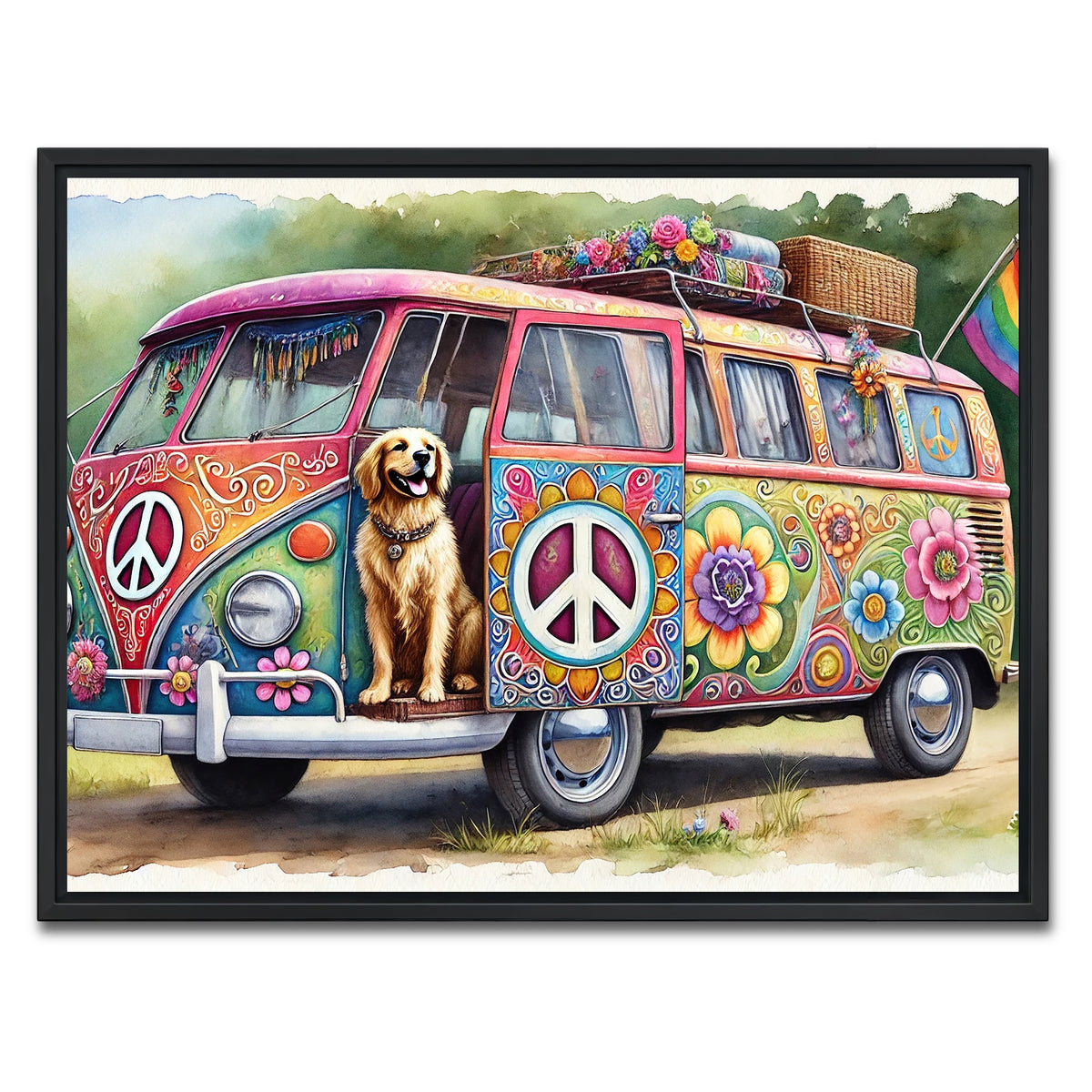 AUTO-MOCKUP WHITE | A Hippie Van with a Dog | 1 Piece | Black Framed Canvas | group=4x3