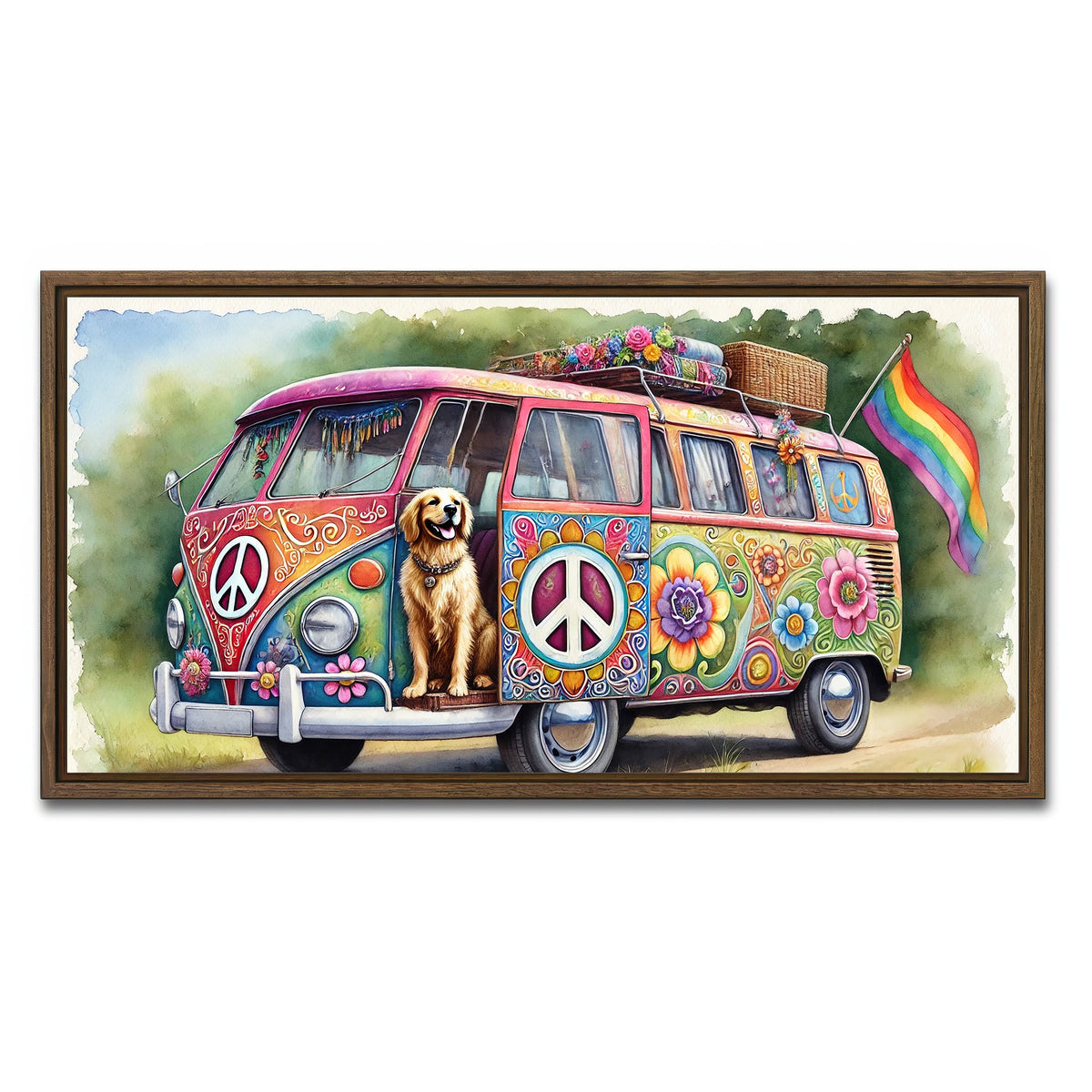 AUTO-MOCKUP WHITE | A Hippie Van with a Dog | 1 Piece | Walnut Framed Canvas | group=2x1