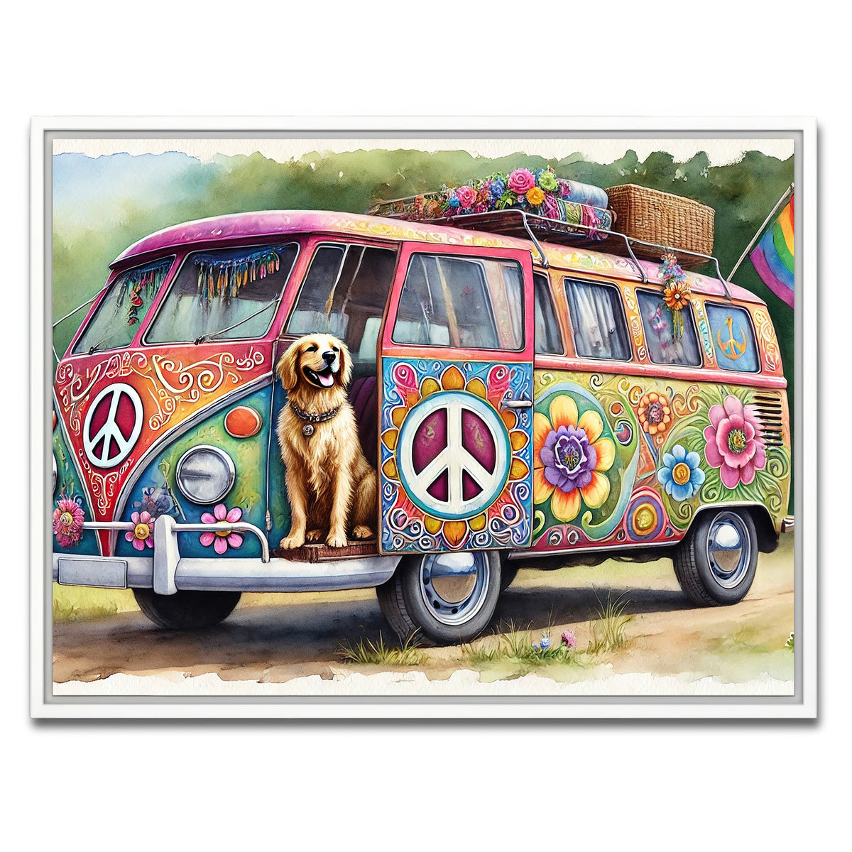 AUTO-MOCKUP WHITE | A Hippie Van with a Dog | 1 Piece | White Framed Canvas | group=4x3