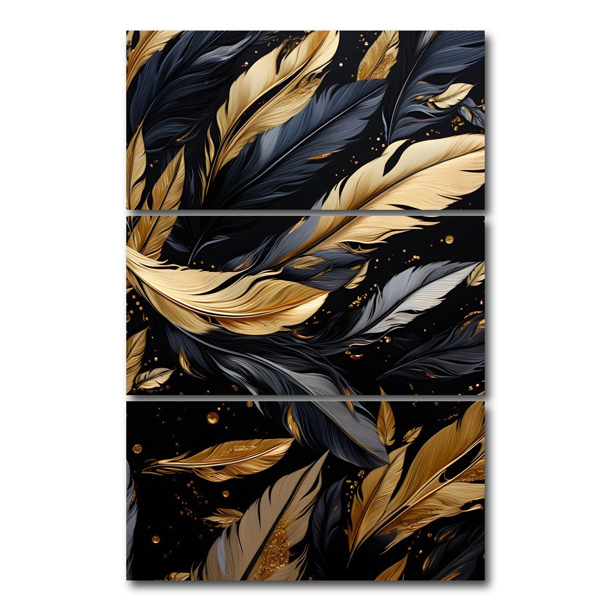 AUTO-MOCKUP WHITE | Abstract - Black gold feather 1 | 3 Piece | Gallery Wrap Canvas | group=12x24_stacked