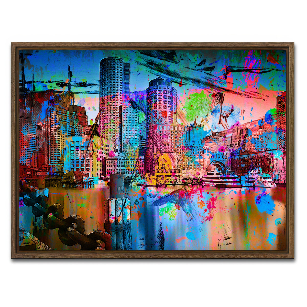 AUTO-MOCKUP WHITE | Abstract Boston Skyline | 1 Piece | Walnut Framed Canvas | group=4x3