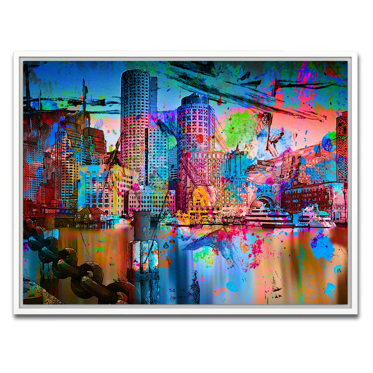 AUTO-MOCKUP WHITE | Abstract Boston Skyline | 1 Piece | White Framed Canvas | group=4x3