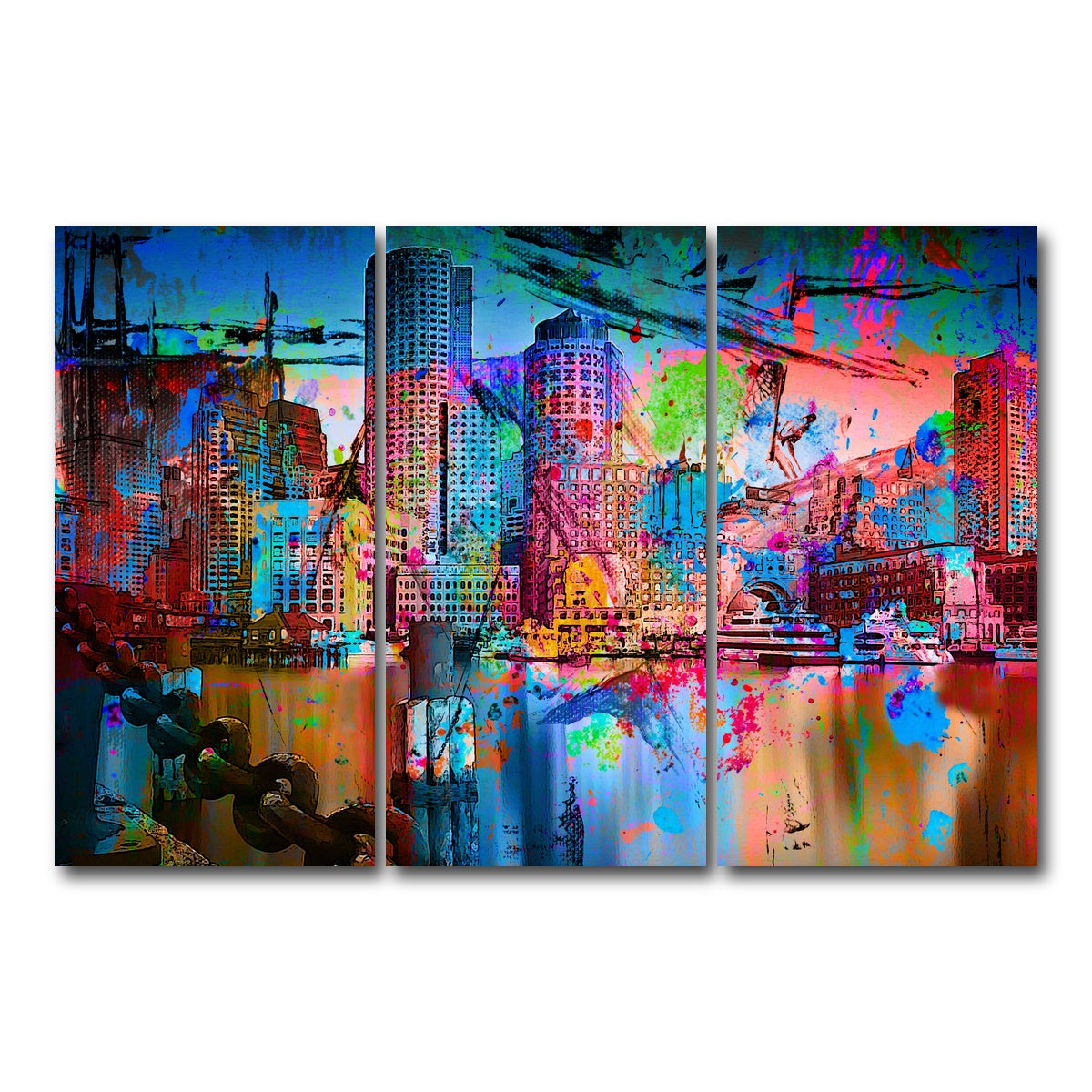 AUTO-MOCKUP WHITE | Abstract Boston Skyline | 3 Piece | Gallery Wrap Canvas | group=12x24