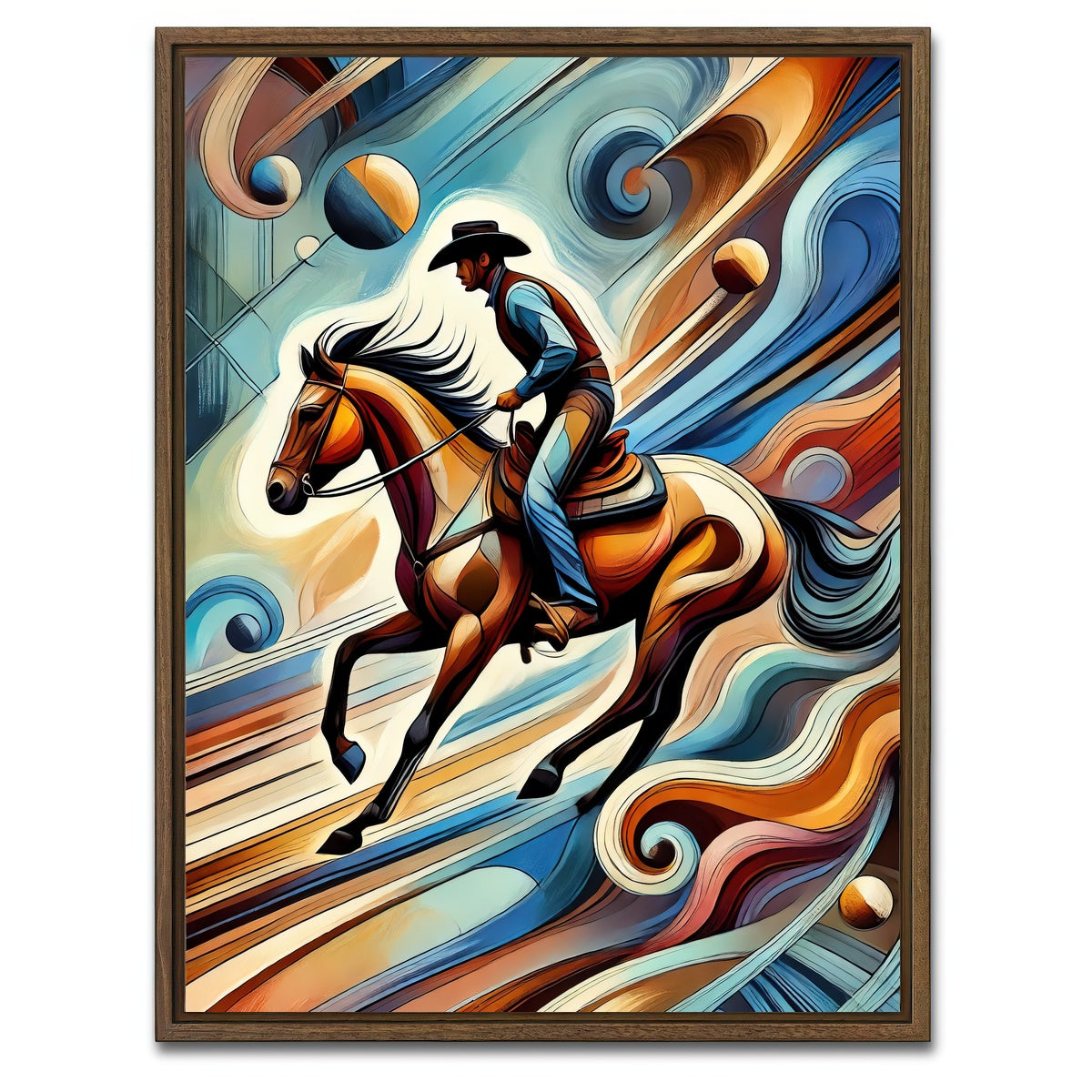 AUTO-MOCKUP WHITE | Abstract Cowboy & Horse | 1 Piece | Walnut Framed Canvas | group=3x4