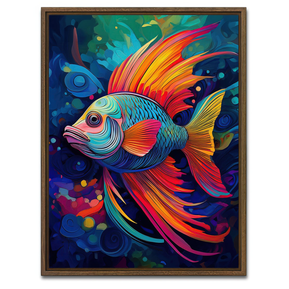 AUTO-MOCKUP WHITE | Abstract Fish Modern Art | 1 Piece | Walnut Framed Canvas | group=3x4