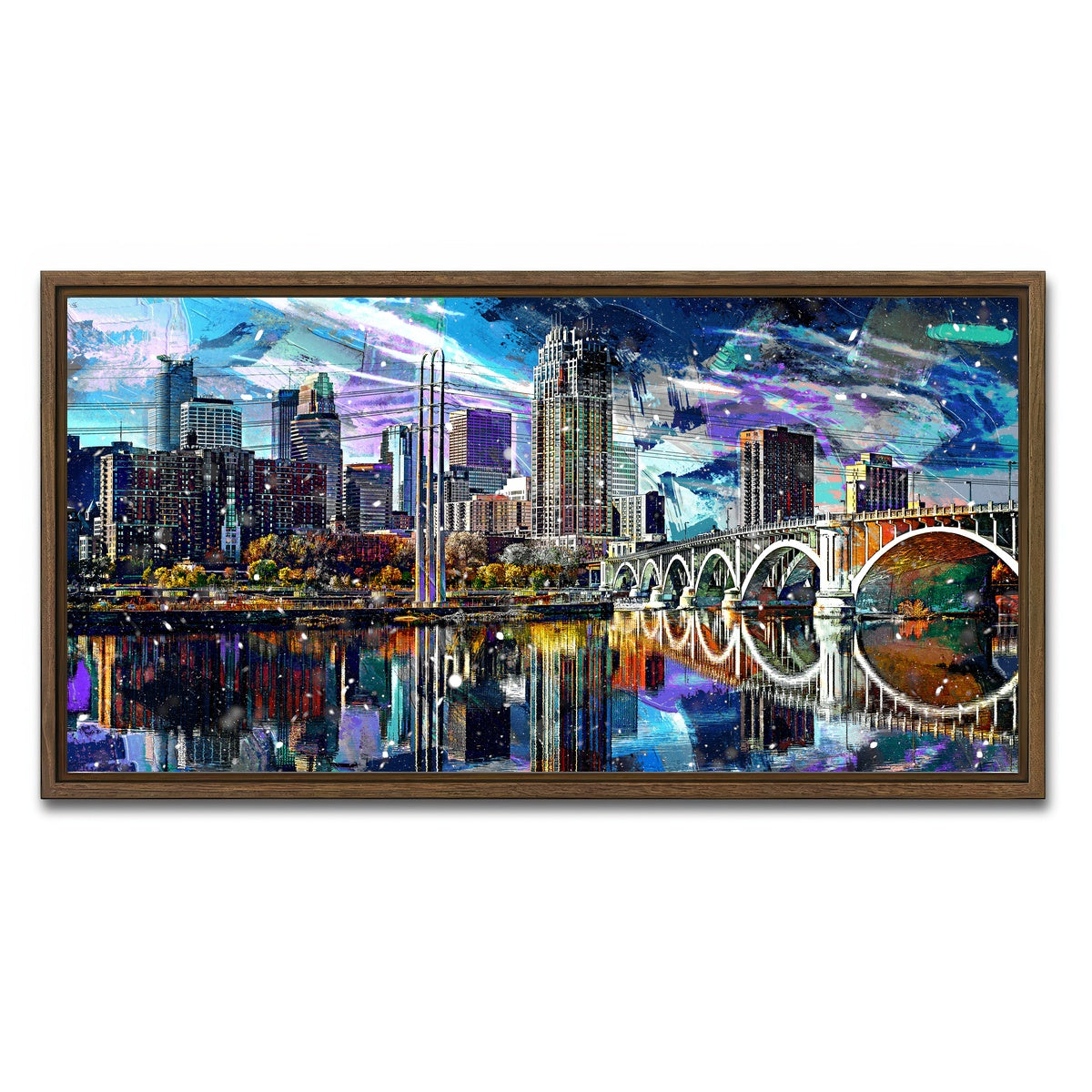 AUTO-MOCKUP WHITE | Abstract Minneapolis Skyline | 1 Piece | Walnut Framed Canvas | group=2x1