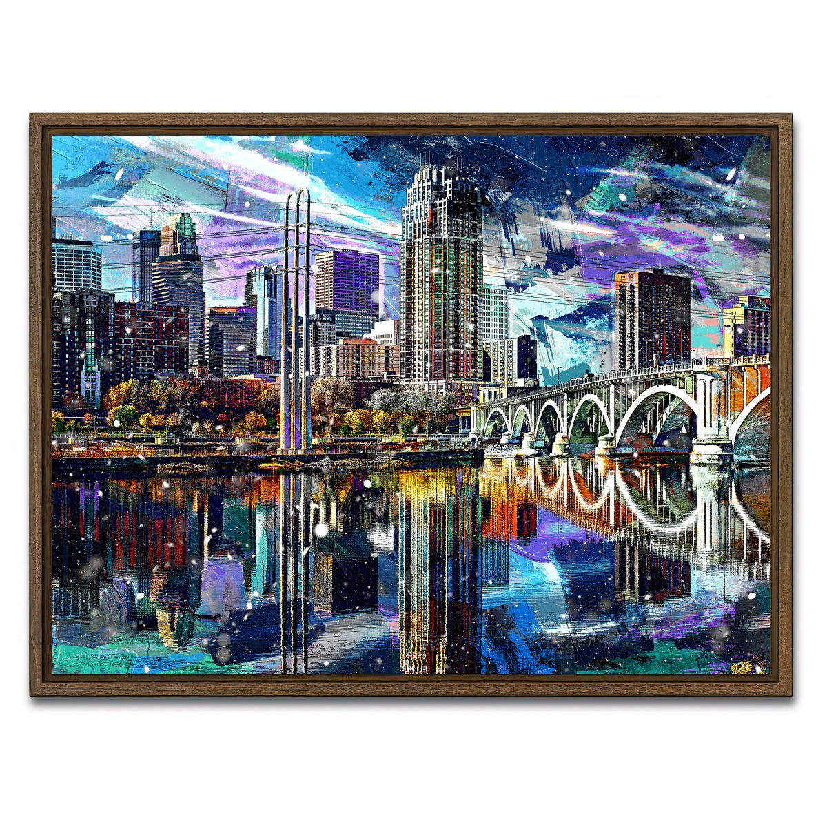 AUTO-MOCKUP WHITE | Abstract Minneapolis Skyline | 1 Piece | Walnut Framed Canvas | group=4x3