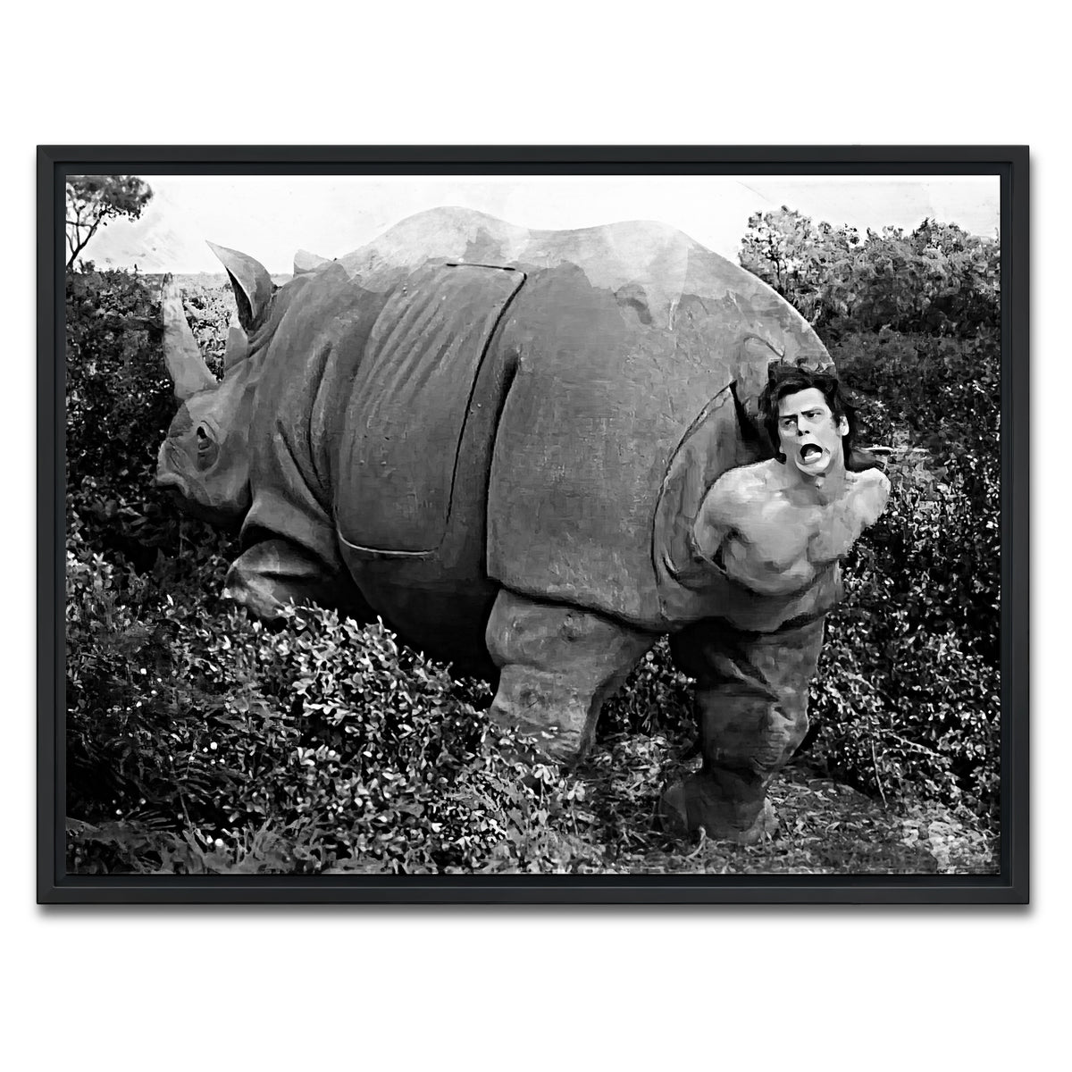 AUTO-MOCKUP WHITE | Ace Ventura Rhino Birth - Grayscale | 1 Piece | Black Framed Canvas | group=4x3