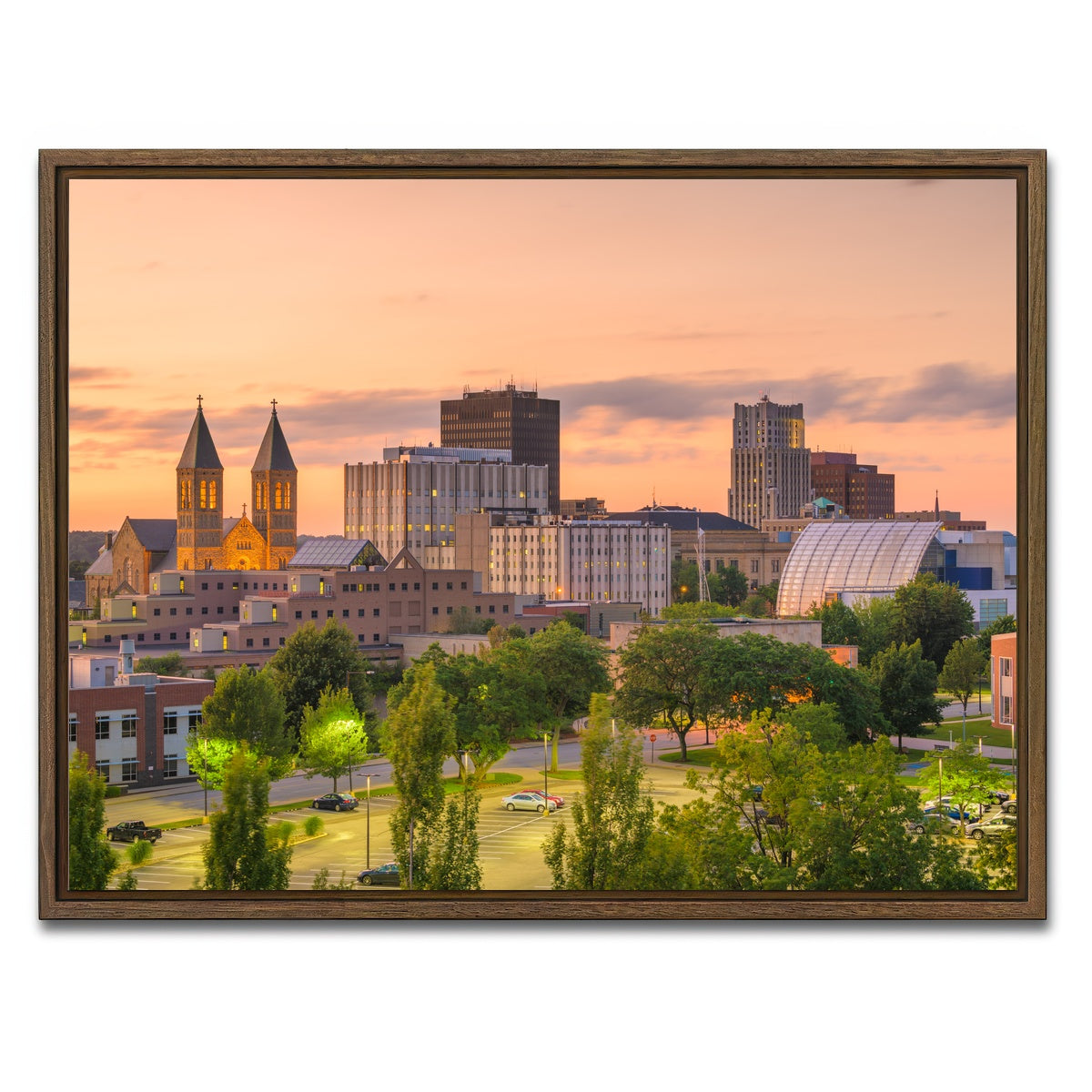 AUTO-MOCKUP WHITE | Akron Downtown Skyline | 1 Piece | Walnut Framed Canvas | group=4x3