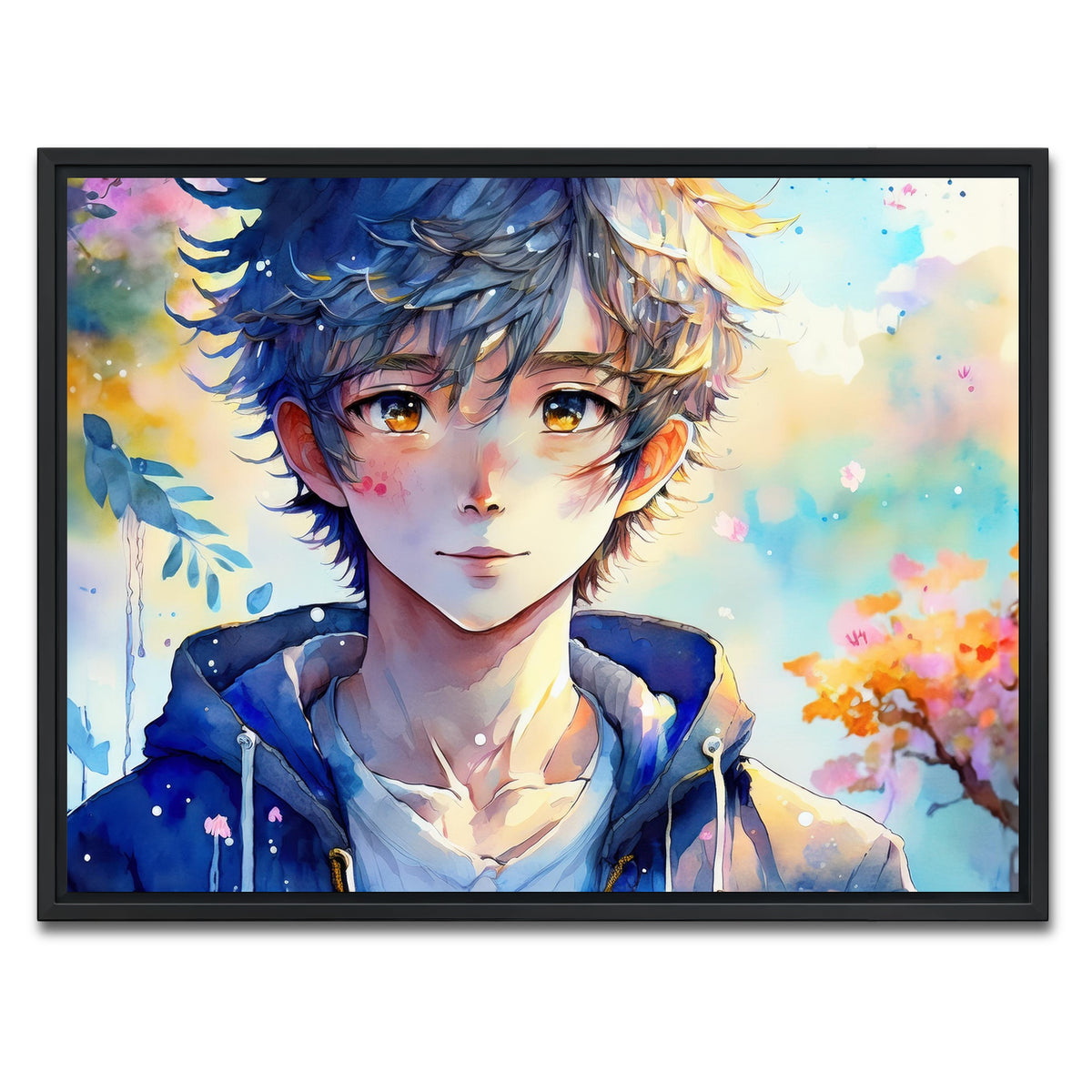 AUTO-MOCKUP WHITE | Anime Boy Watercolor | 1 Piece | Black Framed Canvas | group=4x3