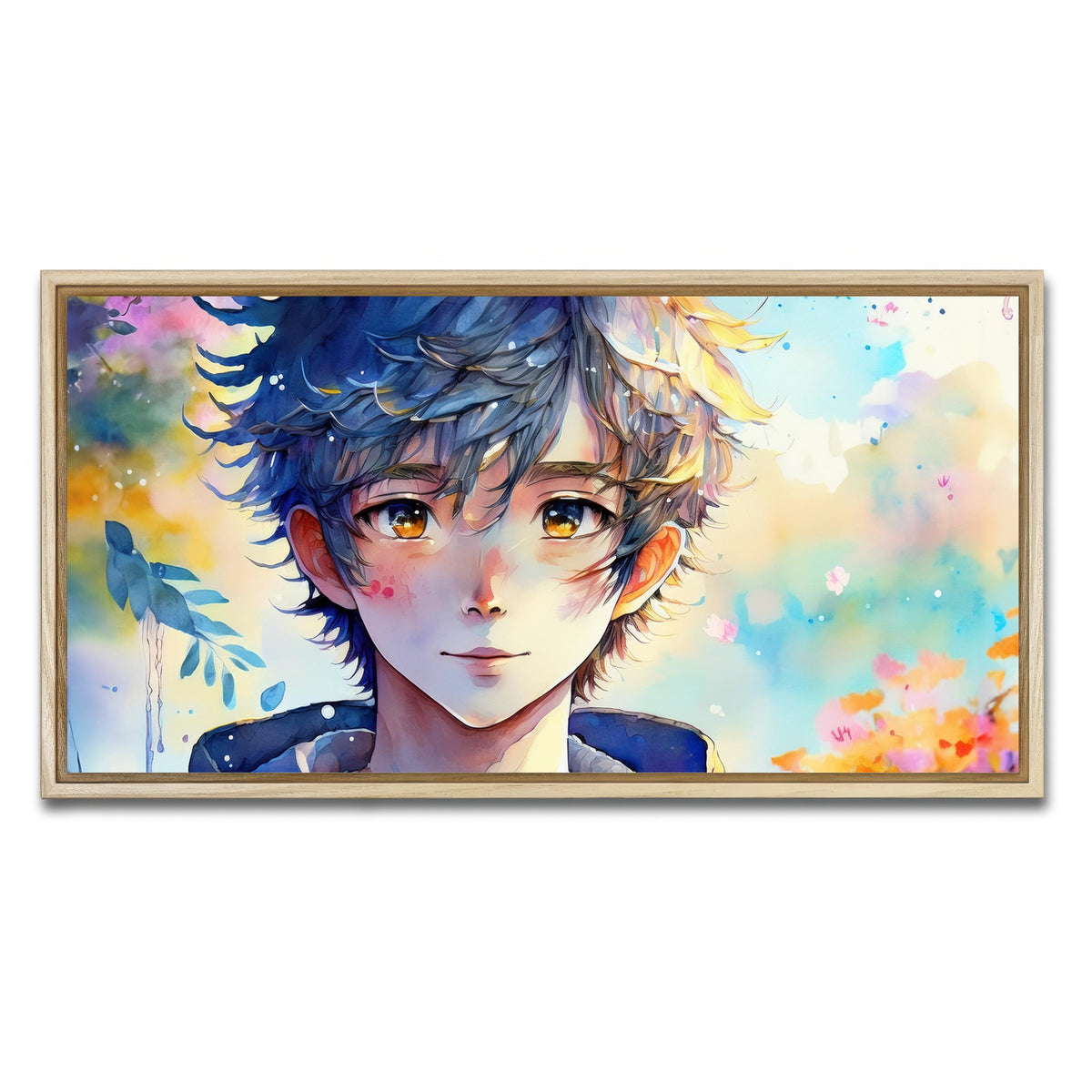 AUTO-MOCKUP WHITE | Anime Boy Watercolor | 1 Piece | Natural Framed Canvas | group=2x1