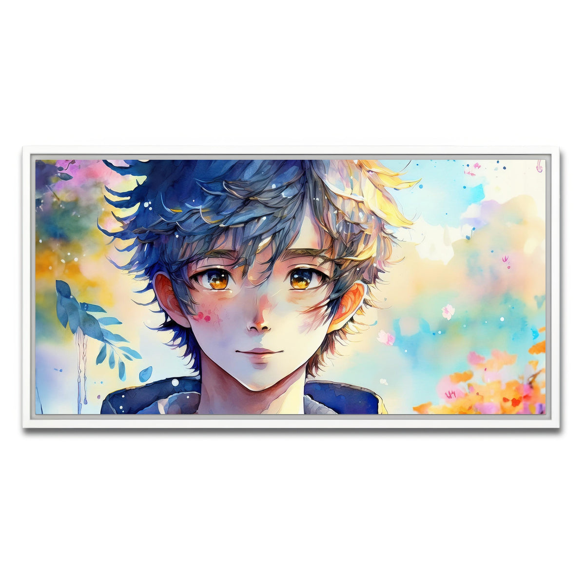 AUTO-MOCKUP WHITE | Anime Boy Watercolor | 1 Piece | White Framed Canvas | group=2x1