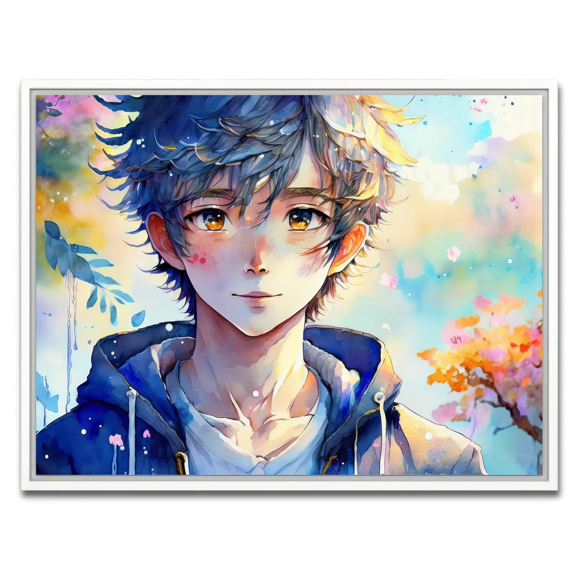 AUTO-MOCKUP WHITE | Anime Boy Watercolor | 1 Piece | White Framed Canvas | group=4x3