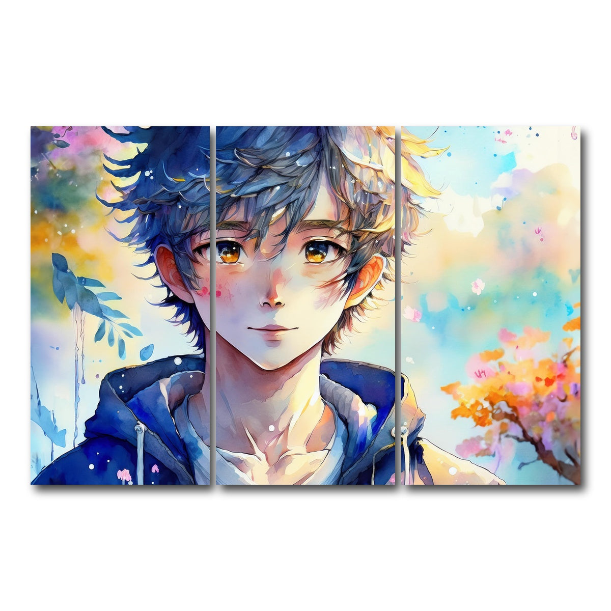 AUTO-MOCKUP WHITE | Anime Boy Watercolor | 3 Piece | Gallery Wrap Canvas | group=12x24