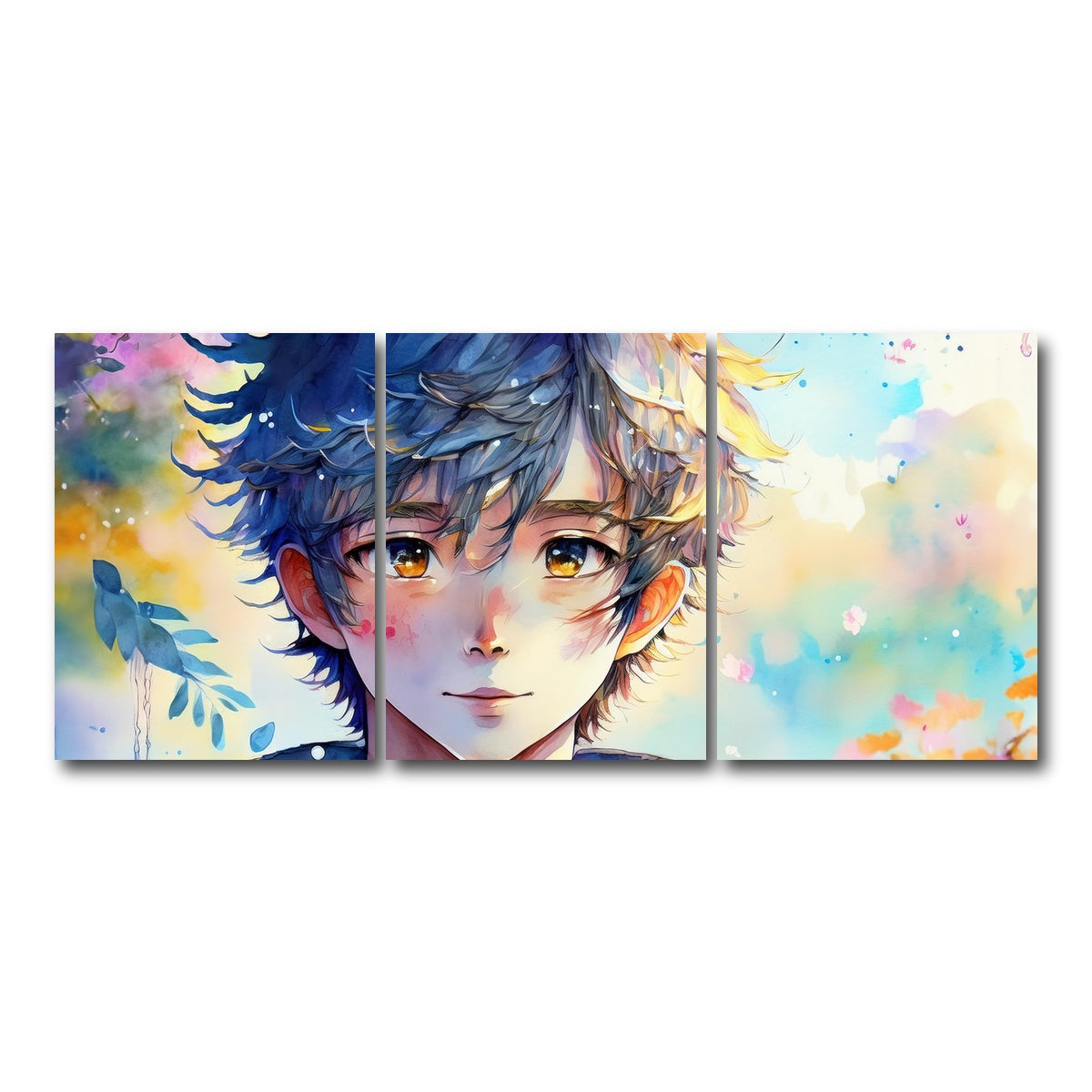 AUTO-MOCKUP WHITE | Anime Boy Watercolor | 3 Piece | Gallery Wrap Canvas | group=18x24