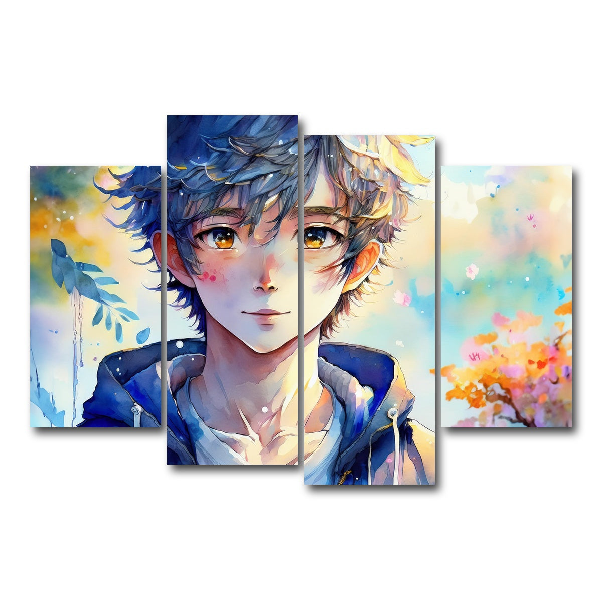 AUTO-MOCKUP WHITE | Anime Boy Watercolor | 4 Piece | Gallery Wrap Canvas | group=4_short