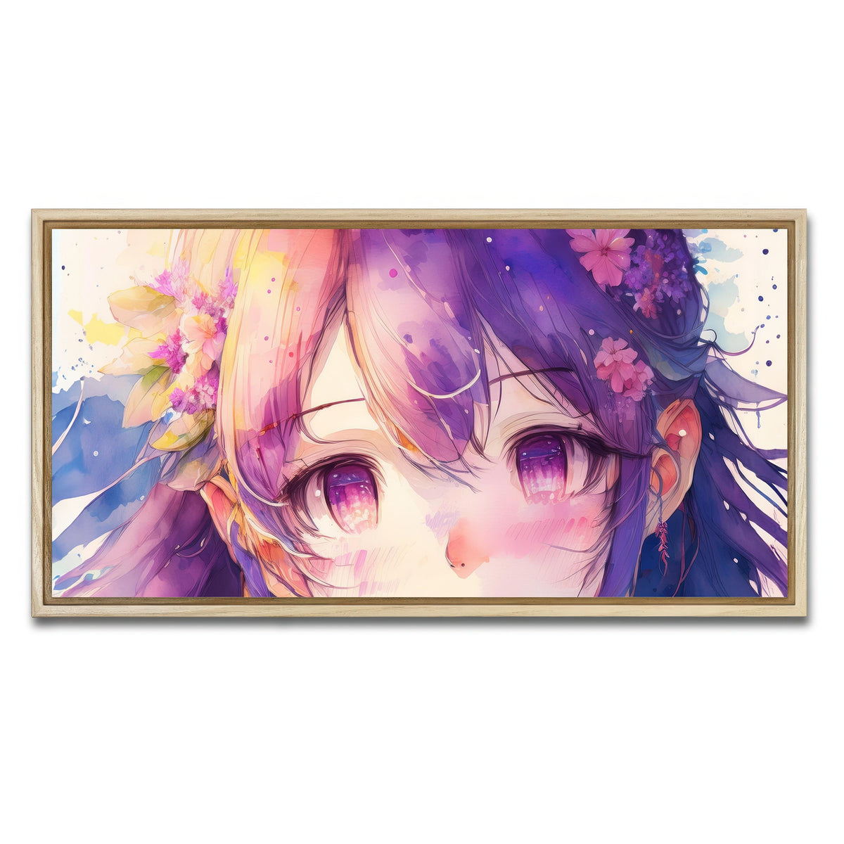 AUTO-MOCKUP WHITE | Anime Girl Watercolor | 1 Piece | Natural Framed Canvas | group=2x1