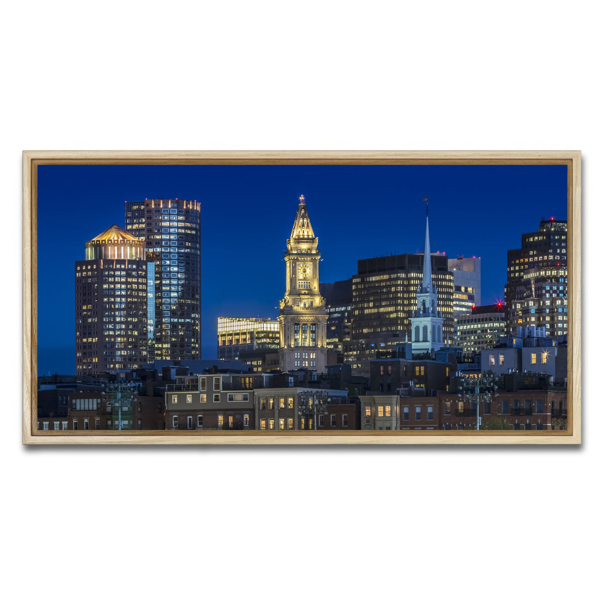 AUTO-MOCKUP WHITE | BOSTON Evening Skyline of North End & Financial District | 1 Piece | Natural Framed Canvas | group=2x1