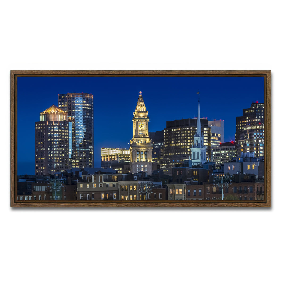 AUTO-MOCKUP WHITE | BOSTON Evening Skyline of North End & Financial District | 1 Piece | Walnut Framed Canvas | group=2x1
