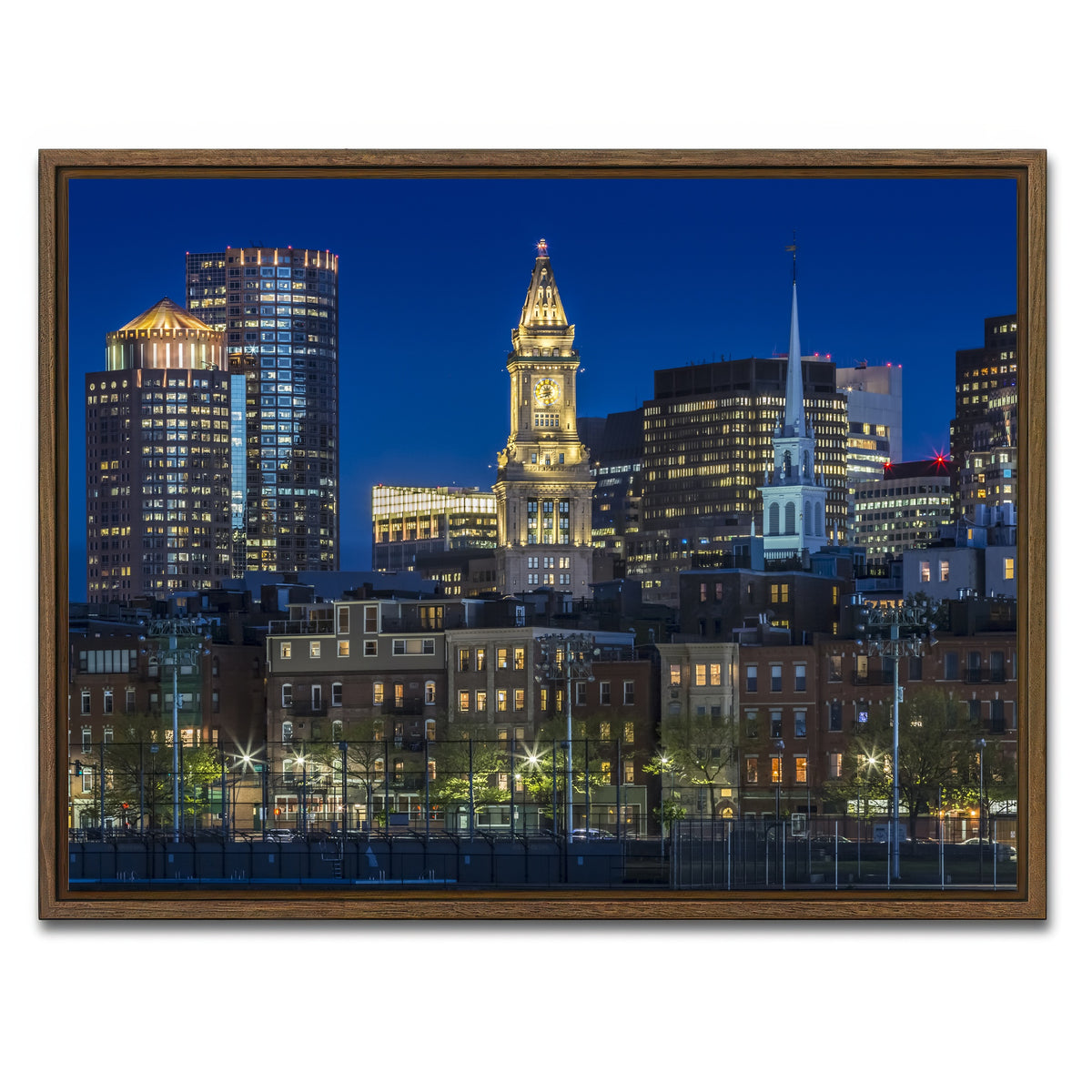 AUTO-MOCKUP WHITE | BOSTON Evening Skyline of North End & Financial District | 1 Piece | Walnut Framed Canvas | group=4x3