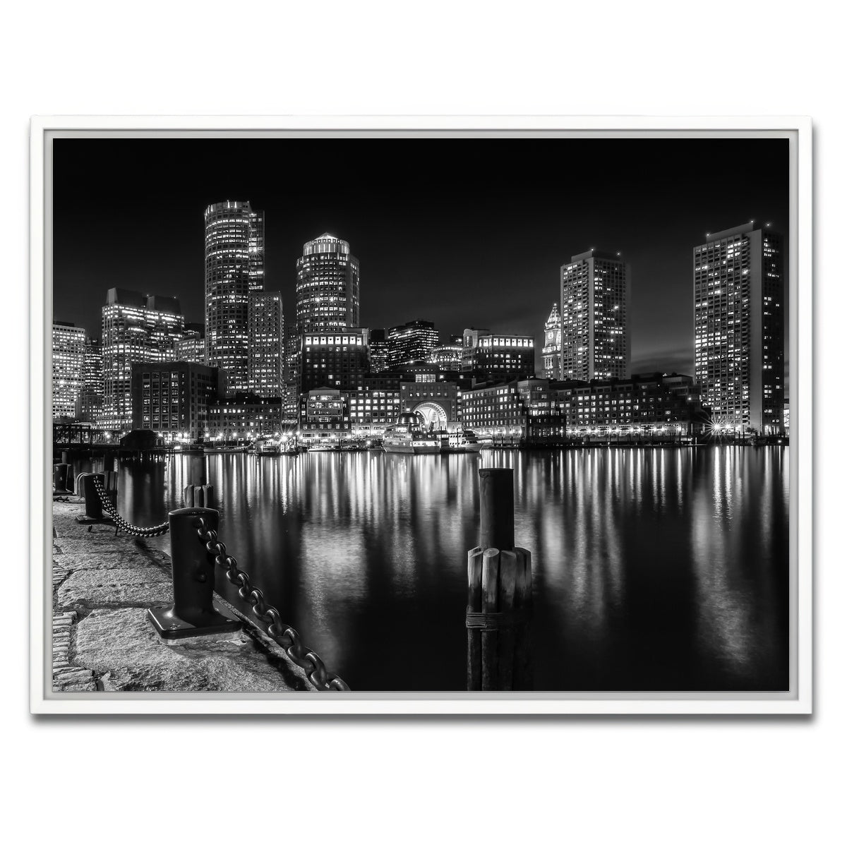 AUTO-MOCKUP WHITE | BOSTON Monochrome Skyline Night | 1 Piece | White Framed Canvas | group=4x3