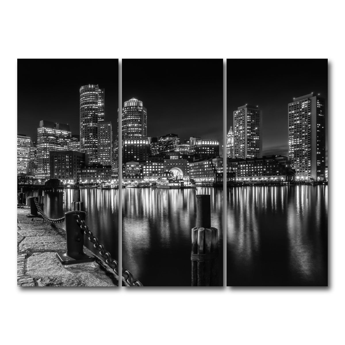 AUTO-MOCKUP WHITE | BOSTON Monochrome Skyline Night | 3 Piece | Gallery Wrap Canvas | group=8x18