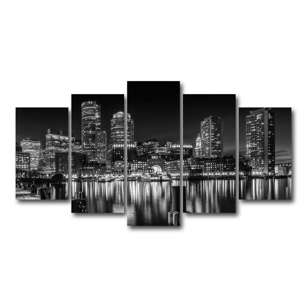 AUTO-MOCKUP WHITE | BOSTON Monochrome Skyline Night | 5 Piece | Gallery Wrap Canvas | group=5_normal