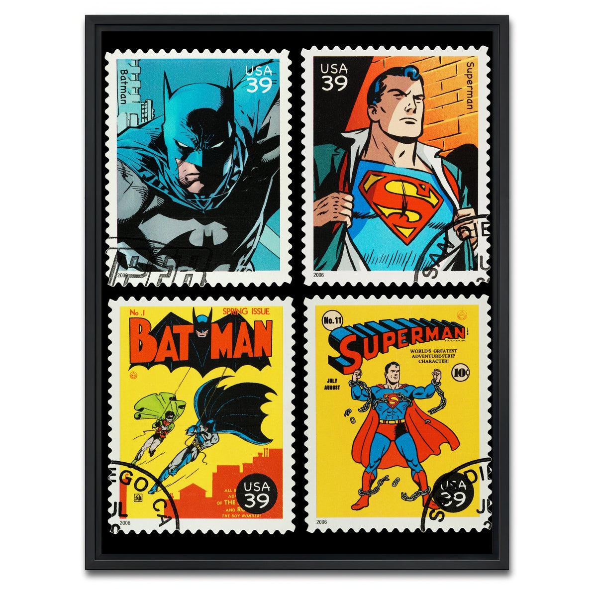 AUTO-MOCKUP WHITE | Batman and Superman Postage Stamps | 1 Piece | Black Framed Canvas | group=3x4