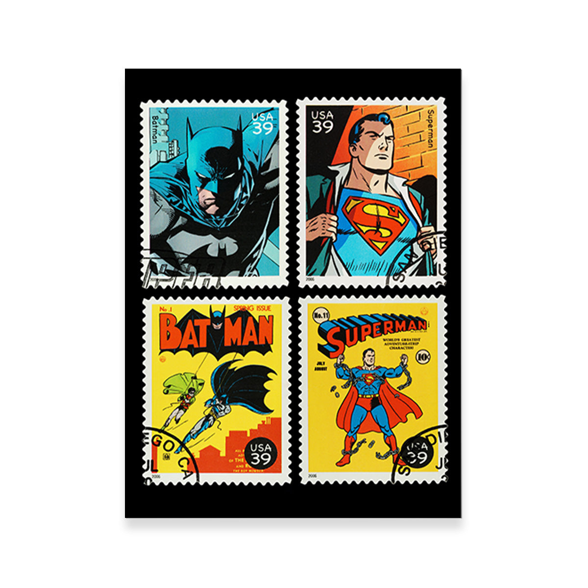 Batman and Superman Postage Stamps Wall Art