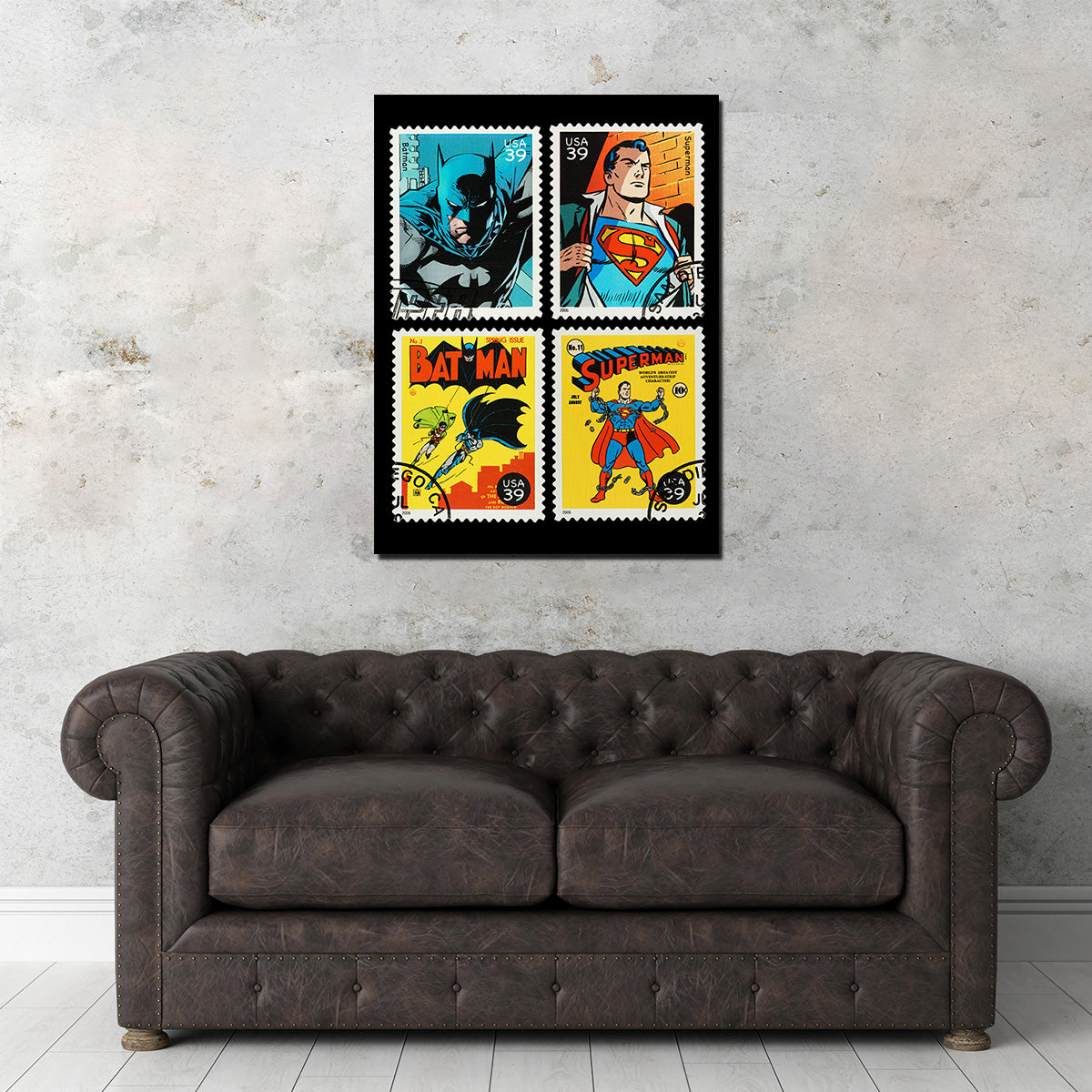 Batman and Superman Postage Stamps Wall Art