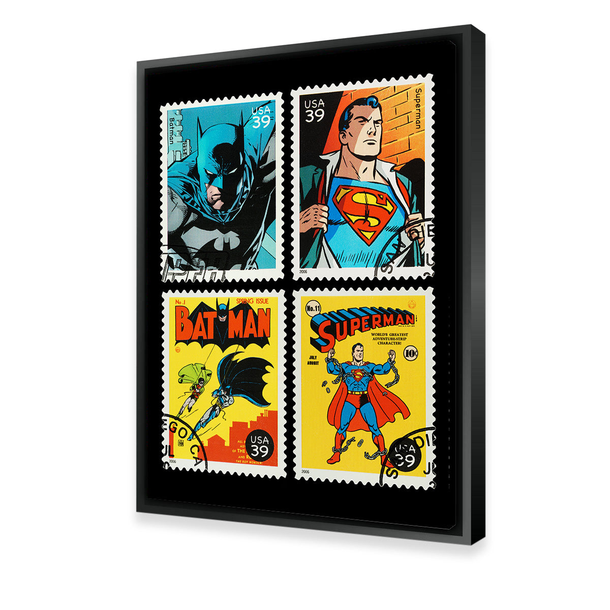 Batman and Superman Postage Stamps Wall Art