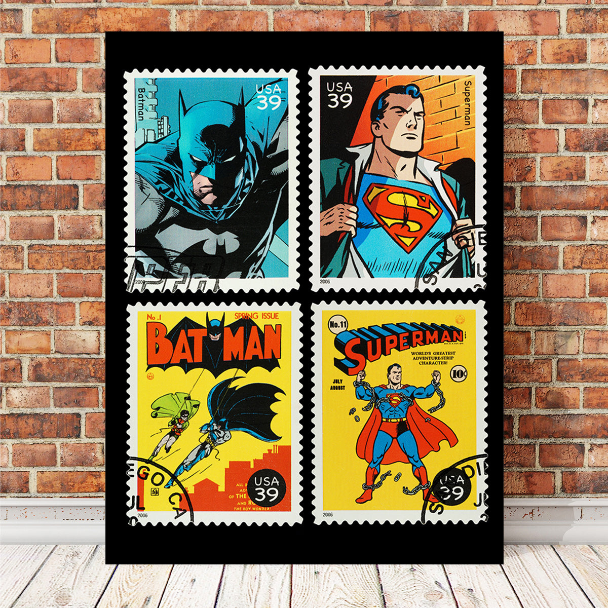 Batman and Superman Postage Stamps Wall Art