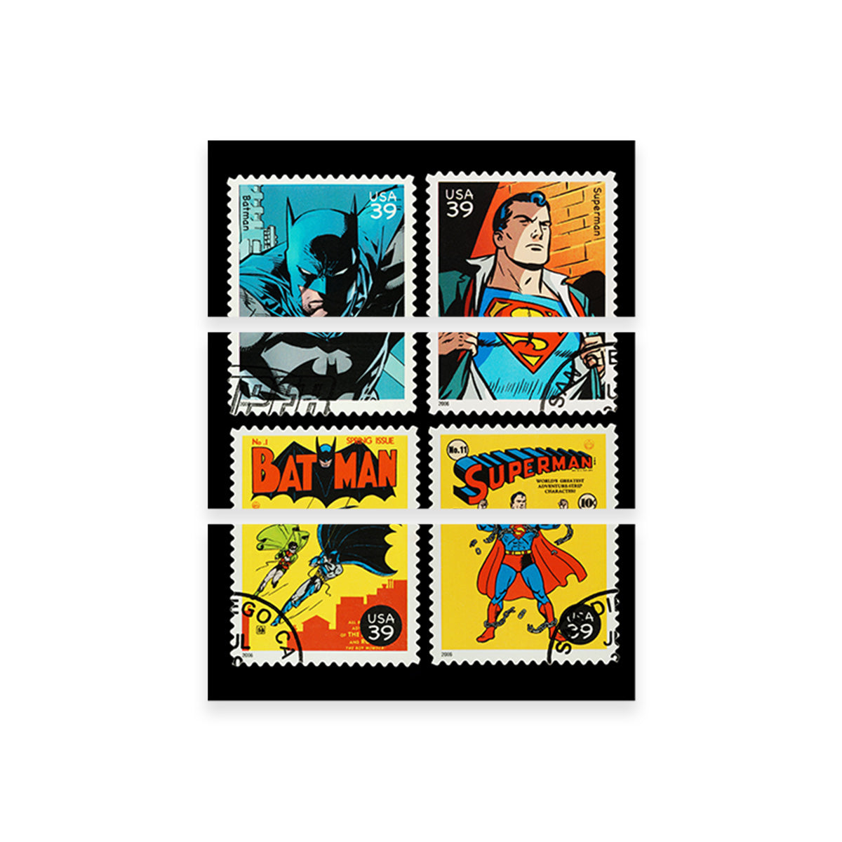 Batman and Superman Postage Stamps Wall Art