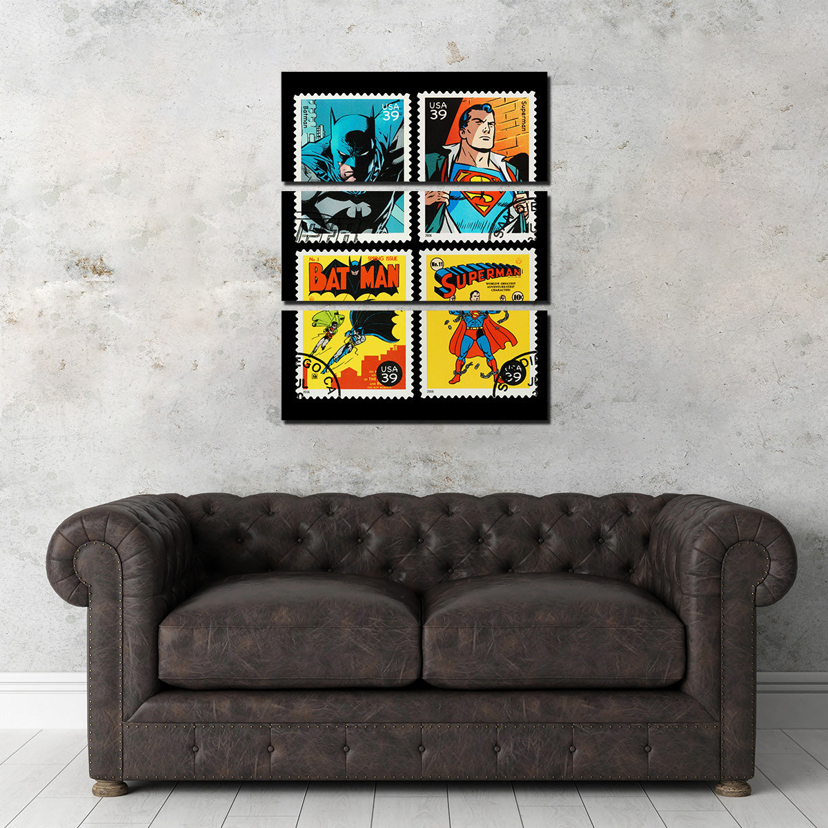 Batman and Superman Postage Stamps Wall Art