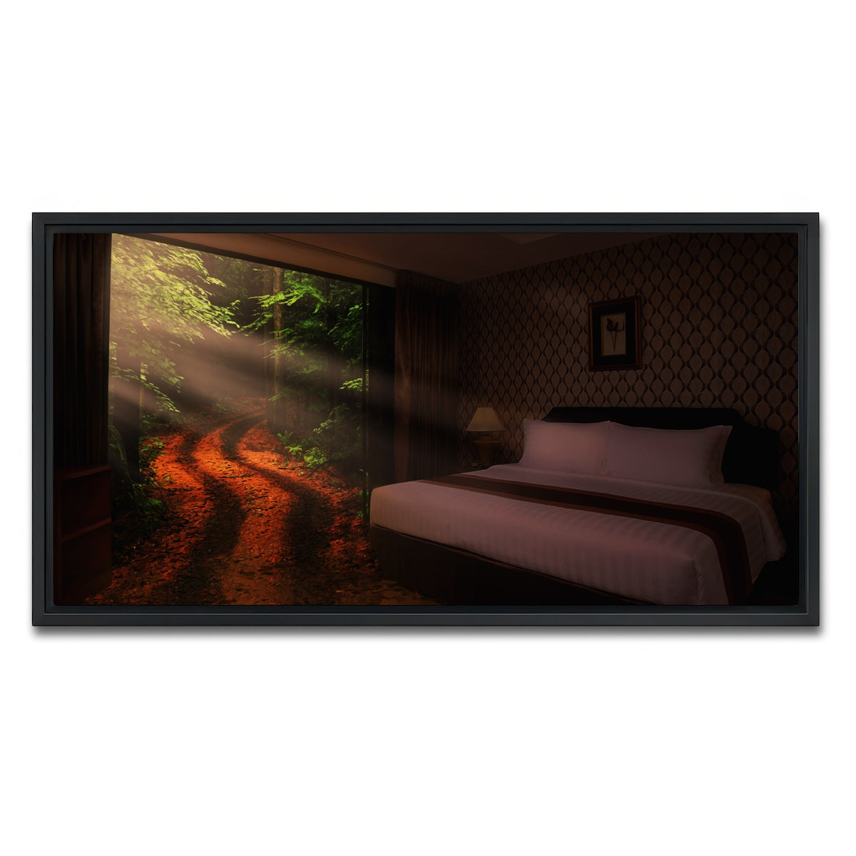 AUTO-MOCKUP WHITE | Bedroom in the Forest | 1 Piece | Black Framed Canvas | group=2x1