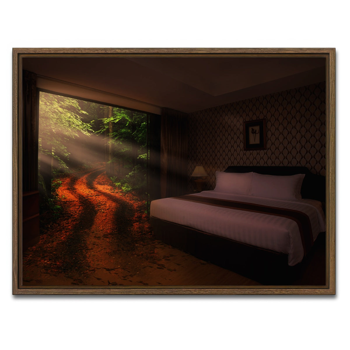 AUTO-MOCKUP WHITE | Bedroom in the Forest | 1 Piece | Walnut Framed Canvas | group=4x3