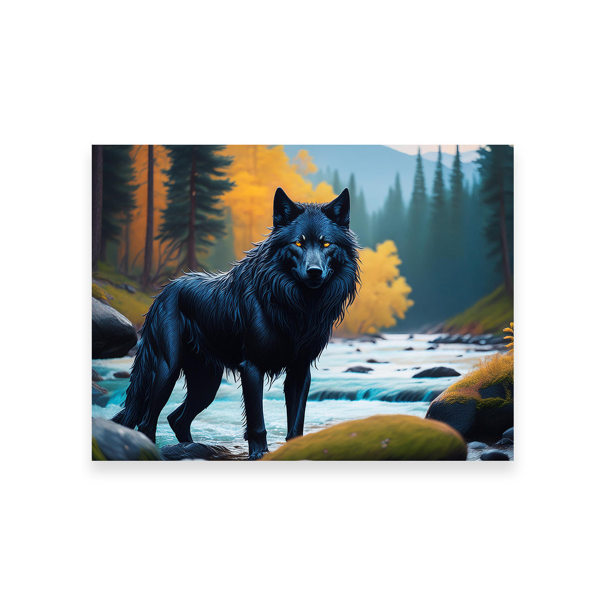Black Wolf by the River Wall Art