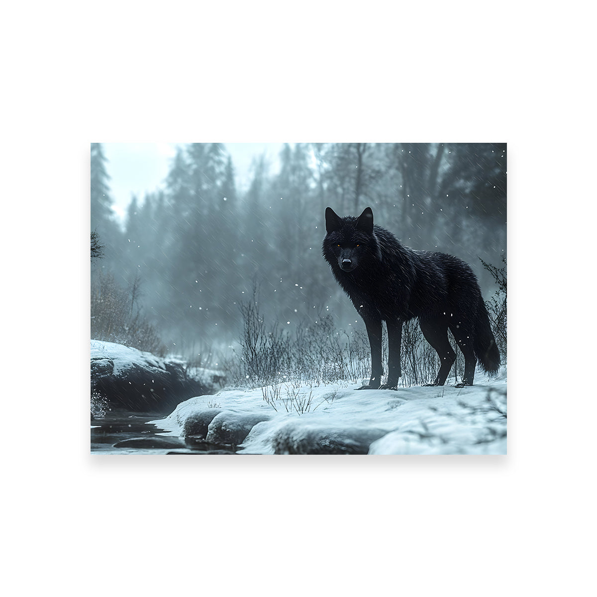 Black Wolf in Snowy Forest Wall Art