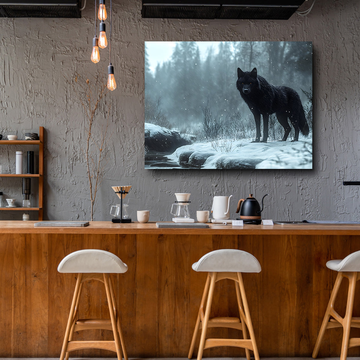 Black Wolf in Snowy Forest Wall Art