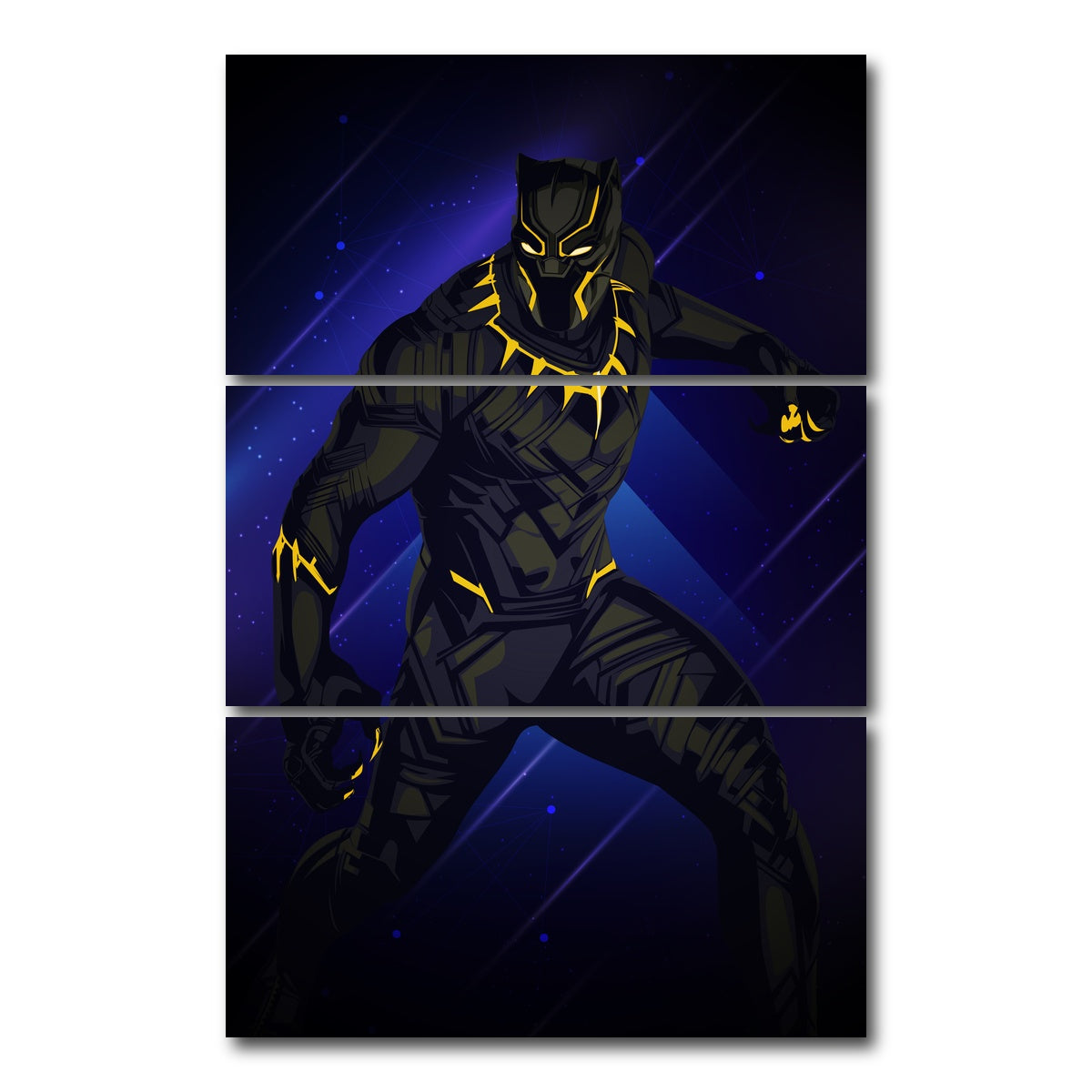 AUTO-MOCKUP WHITE | Black Panther on Blue | 3 Piece | Gallery Wrap Canvas | group=12x24_stacked