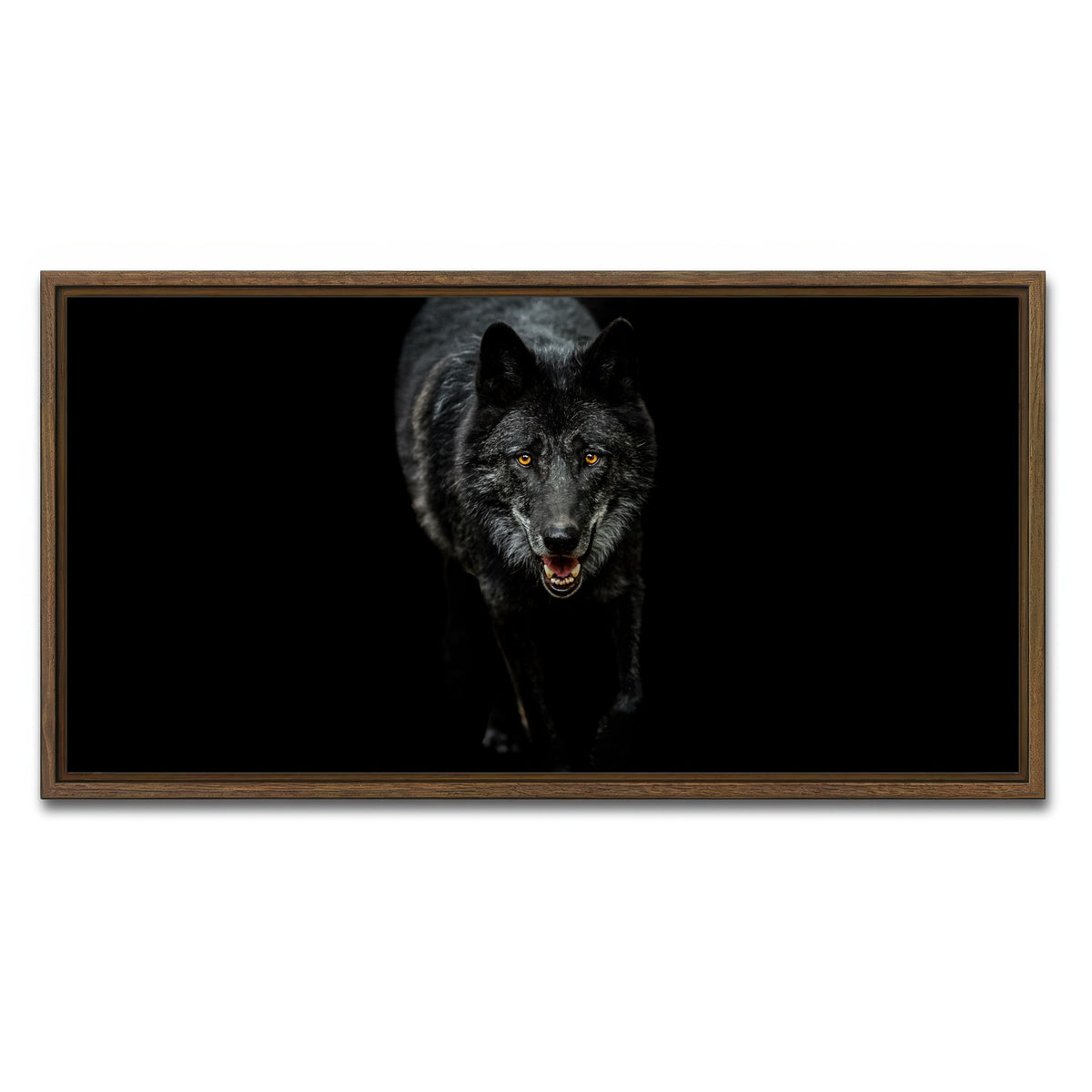 AUTO-MOCKUP WHITE | Black Wolf Black Background | 1 Piece | Walnut Framed Canvas | group=2x1