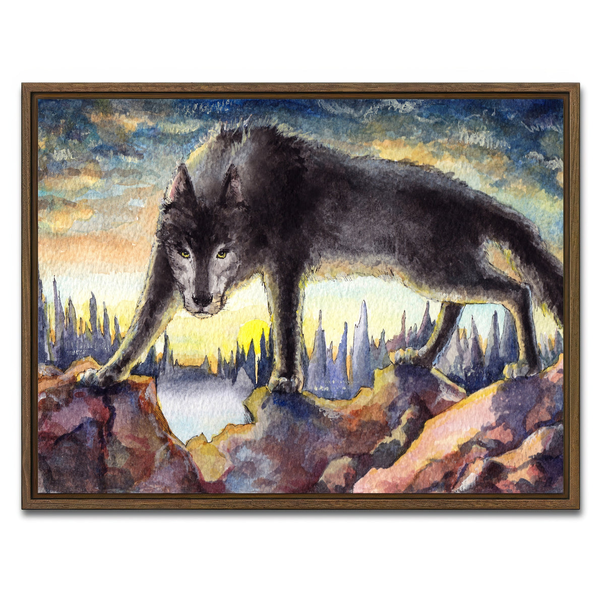 AUTO-MOCKUP WHITE | Black Wolf Painting | 1 Piece | Walnut Framed Canvas | group=4x3