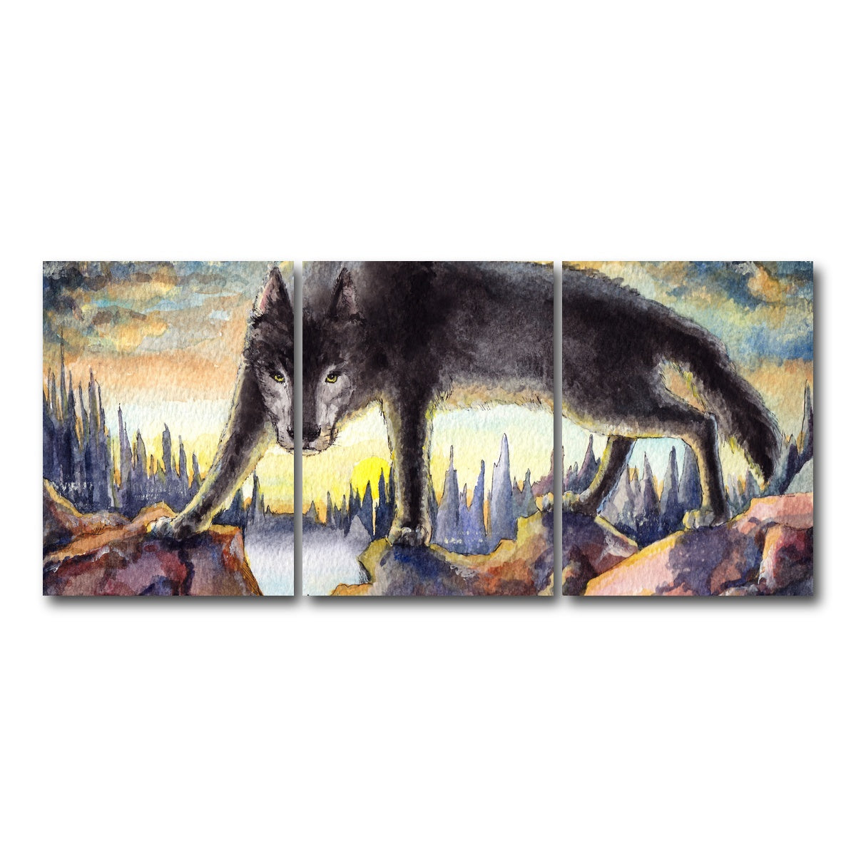 AUTO-MOCKUP WHITE | Black Wolf Painting | 3 Piece | Gallery Wrap Canvas | group=18x24