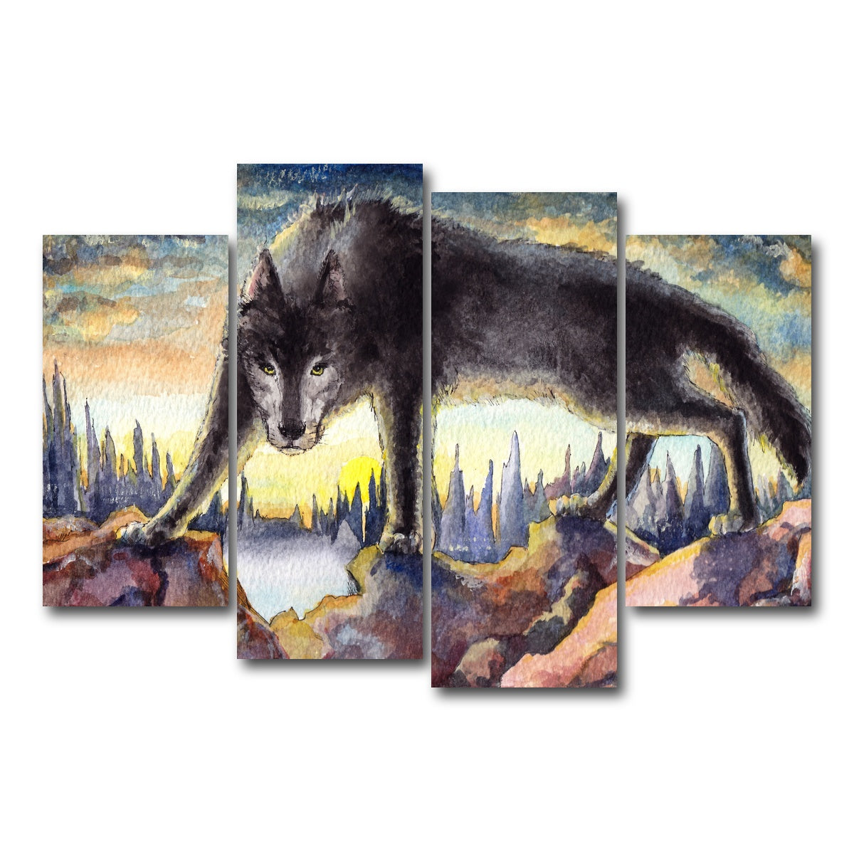 AUTO-MOCKUP WHITE | Black Wolf Painting | 4 Piece | Gallery Wrap Canvas | group=4_short