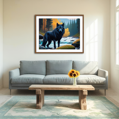 AUTO-MOCKUP ROOM | Black Wolf by the River Wall Art
