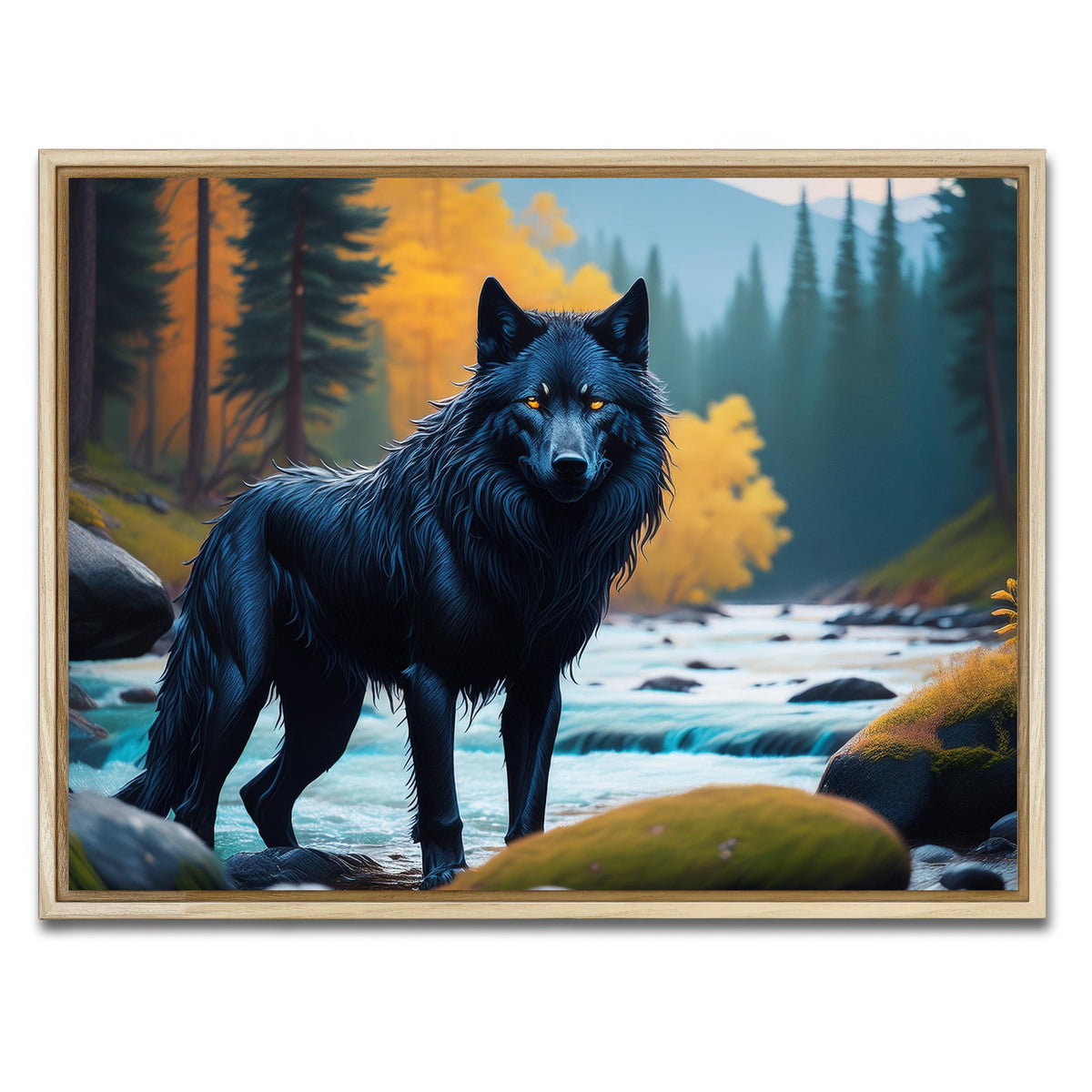 AUTO-MOCKUP WHITE | Black Wolf by the river | 1 Piece | Natural Framed Canvas | group=4x3
