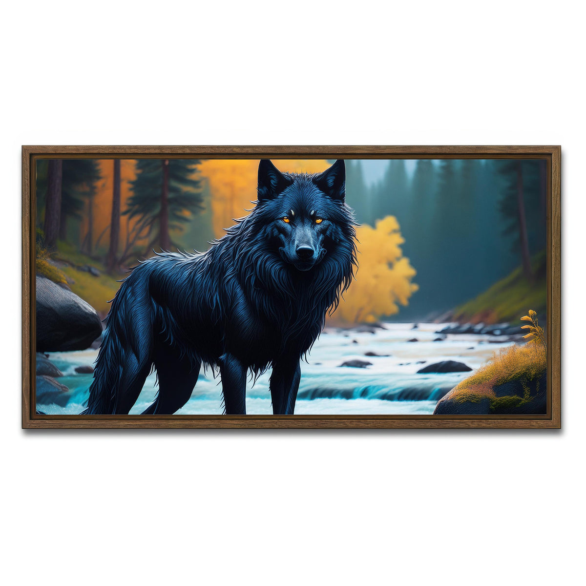 AUTO-MOCKUP WHITE | Black Wolf by the river | 1 Piece | Walnut Framed Canvas | group=2x1