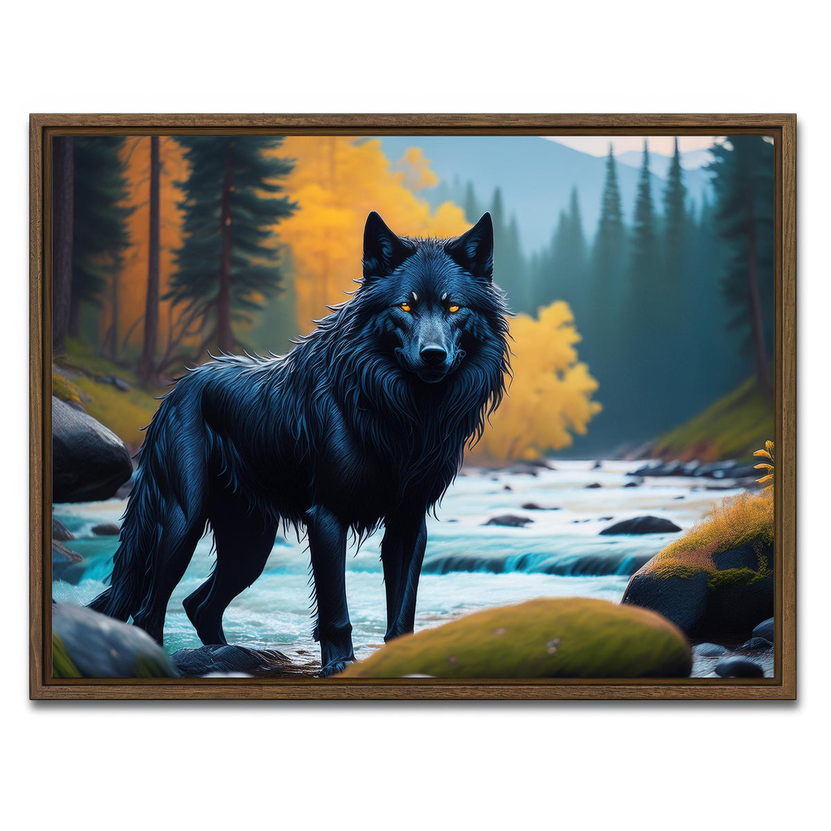 AUTO-MOCKUP WHITE | Black Wolf by the river | 1 Piece | Walnut Framed Canvas | group=4x3