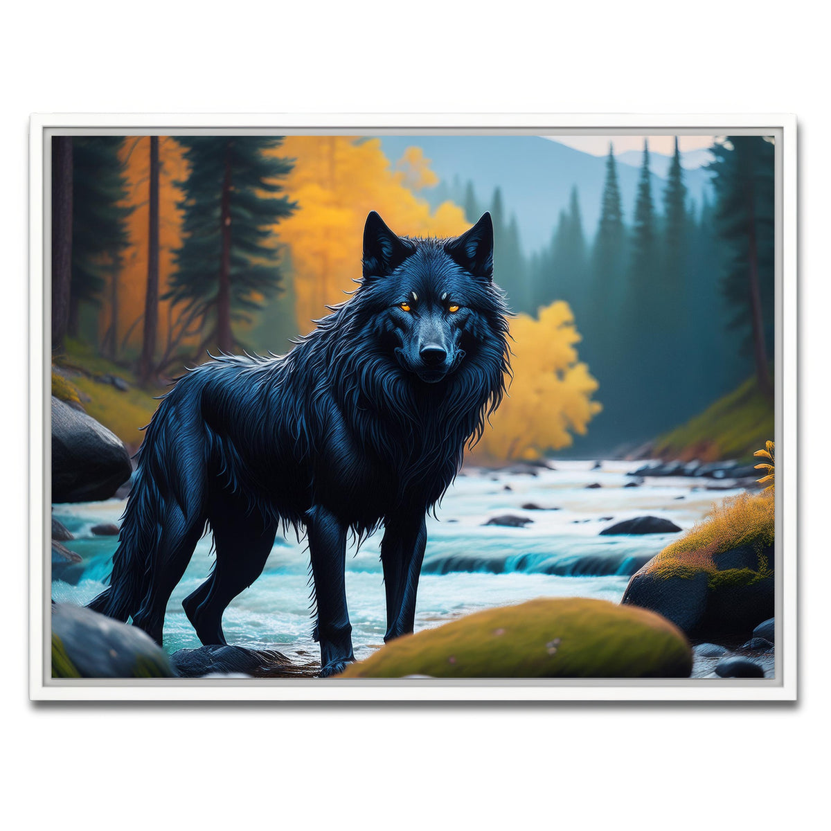 AUTO-MOCKUP WHITE | Black Wolf by the river | 1 Piece | White Framed Canvas | group=4x3