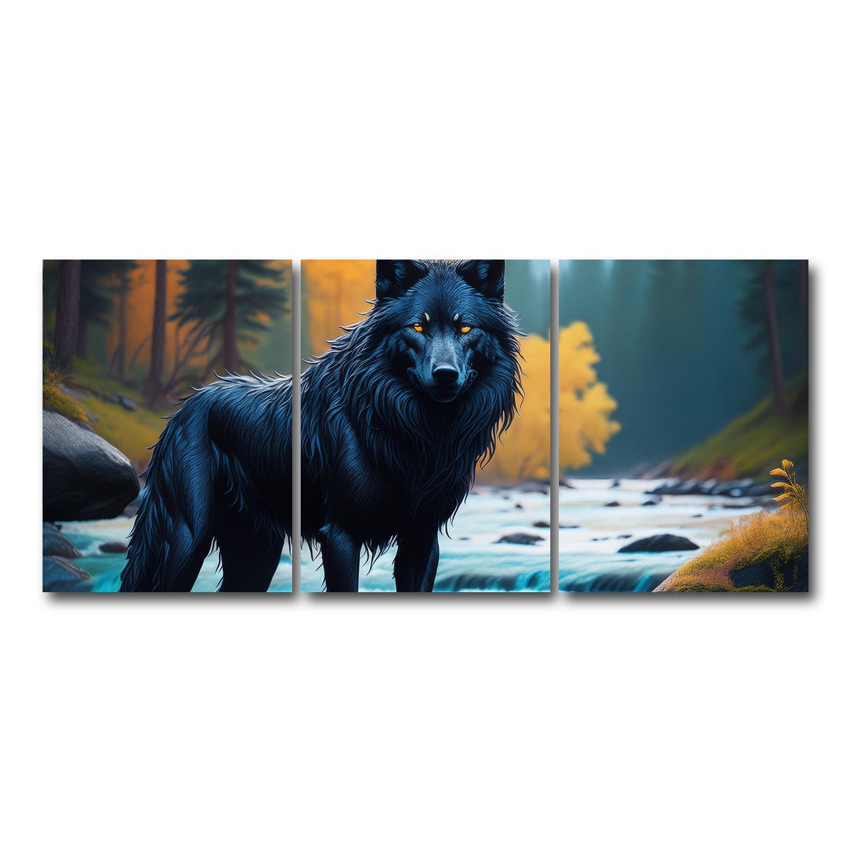 AUTO-MOCKUP WHITE | Black Wolf by the river | 3 Piece | Gallery Wrap Canvas | group=18x24